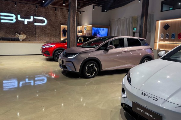 BYD Atto 3 SUV and BYD Dolphin hatchback displayed at the company’s experience centre in Sydney. Photo: Reuters