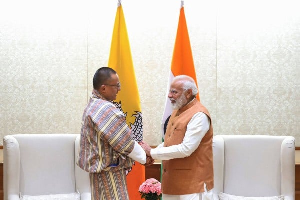 India’s Prime Minister Narendra Modi (right) and his Bhutanese counterpart Tshering Tobgay meet in New Delhi on March 14. Photo: PIB/AFP