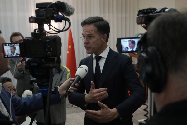 Dutch Prime Minister Mark Rutte speaks to journalists at the country’s embassy in Beijing.  Photo: AP