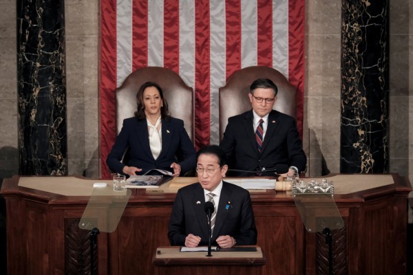 Japanese Prime Minister Fumio Kishida addressing a joint session of the US Congress Thursday at the Capitol, as Vice-President Kamala Harris and House Speaker Mike Johnson listen. Photo: Reuters
