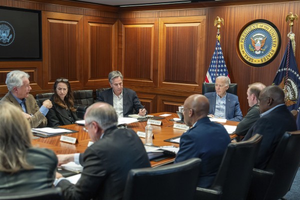 US President Joe Biden and members of his national security team in the Situation Room of the White House on Saturday. Photo: The White House via AP