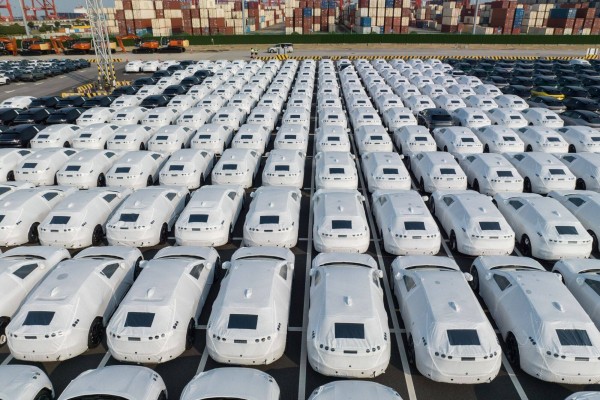 China-made electric cars await export to Europe in Jiangsu province. Photo: Bloomberg