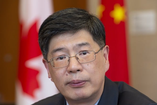 China’s Ambassador to Canada Cong Peiwu speaks to journalists at the Chinese embassy in Ottawa in November 2019. Photo: Canadian Press via AP