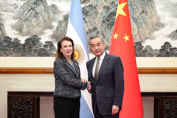 Chinese Foreign Minister Wang Yi welcomes Argentina’s top diplomat Diana Mondino in Beijing on Tuesday. Photo: Xinhua