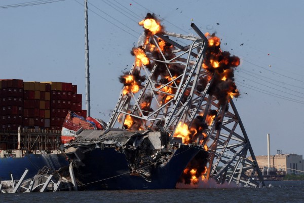 Explosives are detonated to free the container ship Dali in Baltimore, Maryland. Photo: Reuters