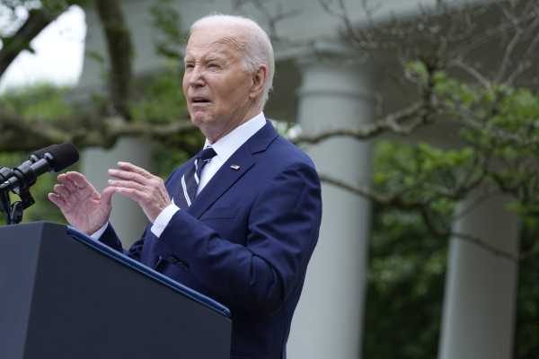 President Joe Biden speaks in the Rose Garden of the White House in Washington on May 14, announcing plans to impose major new tariffs on electric vehicles, semiconductors, solar equipment and medical supplies imported from China. Photo: AP