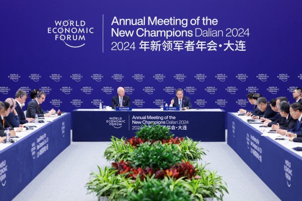 Chinese Premier Li Qiang and World Economic Forum founder and executive chairman Klaus Schwab at Summer Davos. Photo: Xinhua