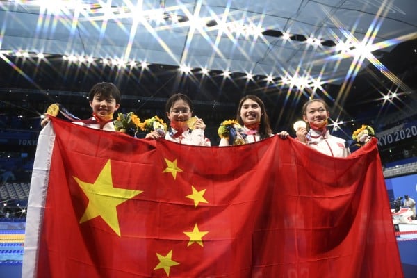 Members of the Chinese women’s swimming team at the Tokyo Olympics in 2021 included Tang Muhan (second from left), who tested positive for an anabolic steroid in 2022 and is at the Paris Olympics. Photo: Xinhua Members of the Chinese women’s swimming team at the Tokyo Olympics in 2021 included Tang Muhan (second from left), who tested positive for an anabolic steroid in 2022 and is at the Paris Olympics. Photo: Xinhua