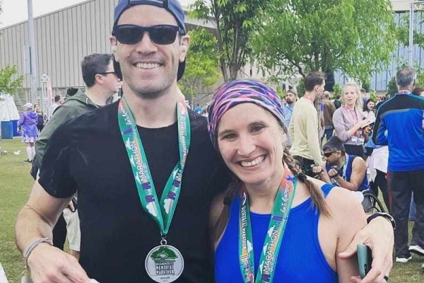 Amber (right) and Zach Williams after running the Oklahoma City Memorial Marathon in April 2023. Photo: American Heart Association News Amber (right) and Zach Williams after running the Oklahoma City Memorial Marathon in April 2023. Photo: American Heart Association News