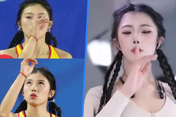 A Chinese KOL (right) provocatively mimics national athlete Wu Yanni, top left and bottom, in a video, igniting debate over the objectification of female athletes. Photo: SCMP composite/Douyin/Ifeng News