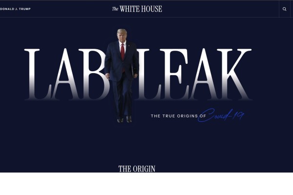 The updated website shows a photo of US President Donald Trump walking between the words “lab” and “leak” under a White House heading. Image: covid.gov