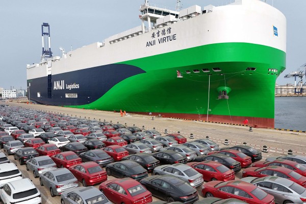Chinese-made MG cars await loading onto a car-carrying ship in Yantai, Shandong province, on April 18. Photo: AFP