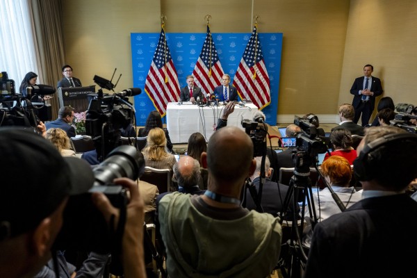 US Trade Representative Jamieson Greer and Treasury Secretary Scott Bessent speak in Geneva. Photo: EPA-EFE