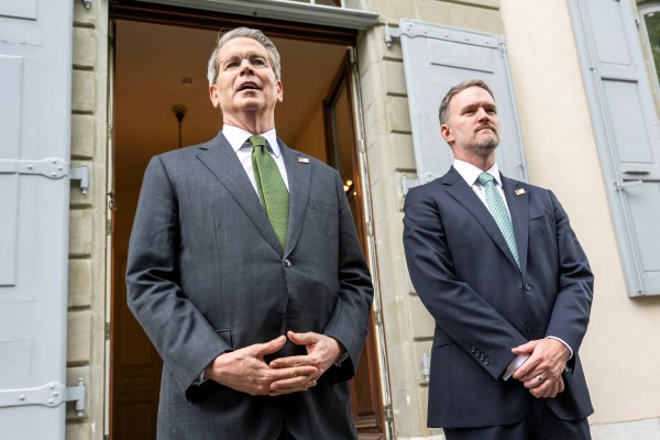 US Treasury Secretary Scott Bessent and US Trade Representative Jamieson Greer talk to the media on Sunday following talks with China in Geneva, Switzerland. Photo: Reuters