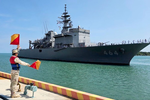 The Japanese warship Bungo docks at Ream Naval Base in Preah Sihanouk province, Cambodia, on April 19. Photo: EPA-EFE/ Ream Naval Base Handout 