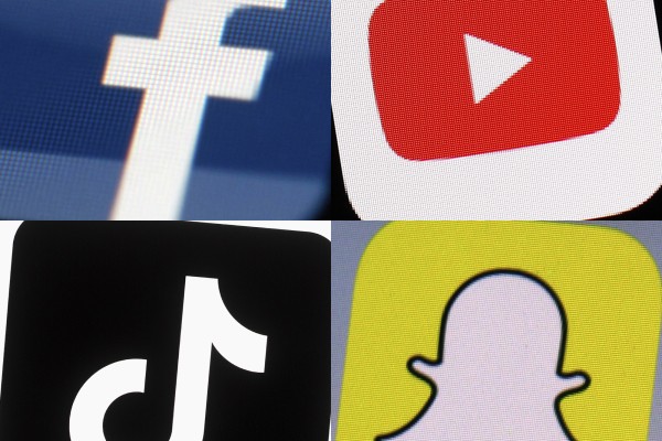 A combination of photos shows the logos of Facebook, YouTube, TikTok and Snapchat on mobile devices. Photo: AP
