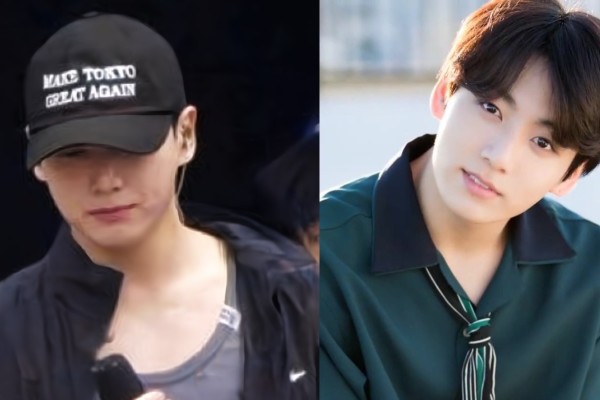 Left: BTS member Jungkook wearing the controversial “Make Tokyo Great Again” cap during a rehearsal appearance in June 13 Photo: Handout. Right: Jungkook during a BTS 5th anniversary photoshoot in Los Angeles in May 2018. Photo: Dispatch / Wikimedia Commons