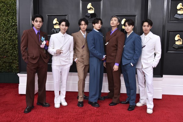 BTS at the 64th Annual Grammy Awards in 2022, in Las Vegas. The K-pop boy group are expected to reunite later this year, as the last member - Suga - completes his mandatory military service this week. Photo: AP