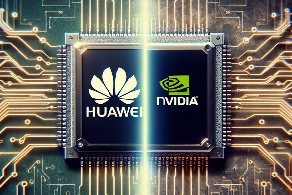 This illustration photo shows the logos of Huawei and Nvidia on an AI chip. Photo: Shutterstock Images
