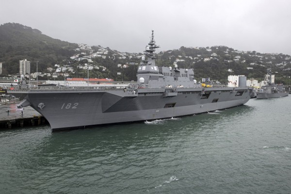 Japan Maritime Self-Defence Force’s JS Ise and JS Suzunami tied up in the port of Wellington, New Zealand, on Friday. Photo: AP