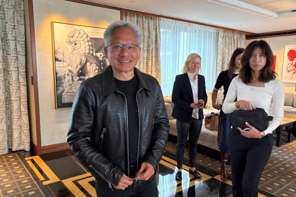 Nvidia CEO Jensen Huang attends a media briefing during a visit to London on Wednesday. Photo: AP
