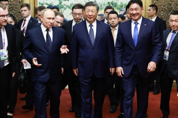 Chinese President Xi Jinping, Russian President Vladimir Putin and Mongolian President Ukhnaa Khurelsukh hold a trilateral meeting at the Great Hall of the People in Beijing on September 2. Photo: Xinhua Chinese President Xi Jinping, Russian President Vladimir Putin and Mongolian President Ukhnaa Khurelsukh hold a trilateral meeting at the Great Hall of the People in Beijing on September 2. Photo: Xinhua