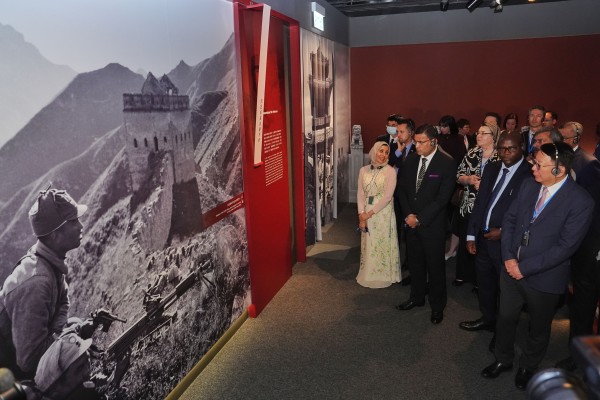 Chief Secretary Eric Chan (front right) views the exhibition in the company of envoys and business chamber representatives. Photo: Elson Li