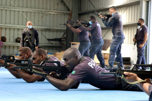 Royal Solomon Islands Police Force officers train with a Chinese police liaison team in 2022. Photo: RSIPF/AFP