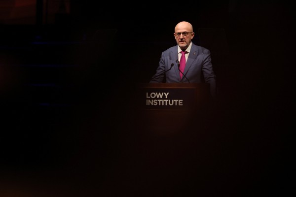 Mike Burgess, ASIO director general of security, delivers the 2025 Lowy Lecture in Sydney. He says Australia’s community cohesion is under threat from outside influences. Photo: Reuters