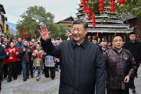 Chinese President Xi Jinping, who also serves as the Communist Party’s general secretary, waves goodbye to villagers while visiting Zhaoxing, Guizhou province, on March 17. Photo: Xinhua Chinese President Xi Jinping, who also serves as the Communist Party’s general secretary, waves goodbye to villagers while visiting Zhaoxing, Guizhou province, on March 17. Photo: Xinhua