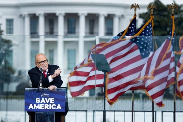 US President Donald Trump’s personal lawyer Rudy Giuliani speaks to supporters near the White House on January 6, 2021. Photo: AFP US President Donald Trump’s personal lawyer Rudy Giuliani speaks to supporters near the White House on January 6, 2021. Photo: AFP