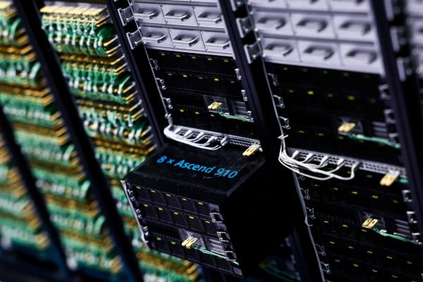 Huawei’s CloudMatrix 384 system with Ascend 910 AI processors are displayed at the company’s booth at the World Internet Conference. Photo: Reuters Huawei’s CloudMatrix 384 system with Ascend 910 AI processors are displayed at the company’s booth at the World Internet Conference. Photo: Reuters
