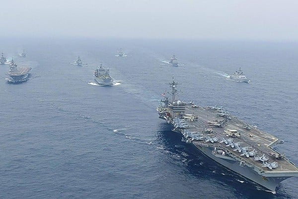 Ships from India, Australia, Japan and the US taking part in the 2020 Malabar naval exercise in the Bay of Bengal in the Indian Ocean. Photo: AFP/Indian Navy Ships from India, Australia, Japan and the US taking part in the 2020 Malabar naval exercise in the Bay of Bengal in the Indian Ocean. Photo: AFP/Indian Navy