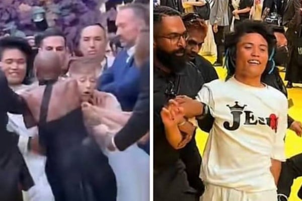 Johnson Wen (right) was charged for public nusiance after he jumped over a barricade at a movie premiere in Singapore and rushed actress Ariana Grande. Photo: TikTok/pyjamamann, UR Dinie