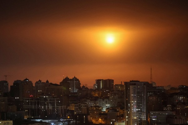 An explosion of a Russian drone in the sky over Kyiv, Ukraine on Tuesday. Photo: Reuters