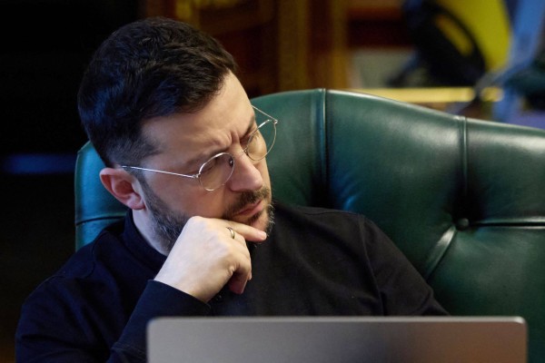 Ukraine’s President Volodymyr Zelensky during a phone call on Friday with the French president, British prime minister and German chancellor. Photo: Ukrainian Presidential Press Service via AFP
