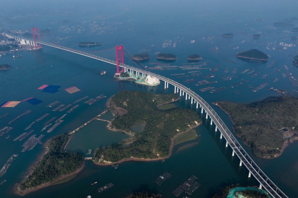 Longmen Bridge, photographed in December 2024. The project crosses the Maowei Sea and Pinglu Canal outlet, one of the country’s latest mega-infrastructure projects. Photo: Xinhua