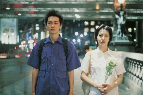 Arata Iura (left) and Ryo in a still from Distance (2001), which was conceived in the aftermath of the sarin gas attack on the Tokyo subway system, carried out in March 1995 by the Aum Shinrikyo doomsday cult.