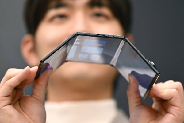 Samsung’s Galaxy Z TriFold smartphone is shown during a launch event in Seoul on Tuesday. Photo: AFP Samsung’s Galaxy Z TriFold smartphone is shown during a launch event in Seoul on Tuesday. Photo: AFP