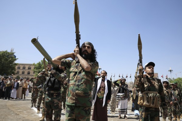 Houthi fighters participate in a rally marking the second anniversary of the attacks carried by Hamas against Israel, in Sana’a, Yemen in  October. Photo: EPA