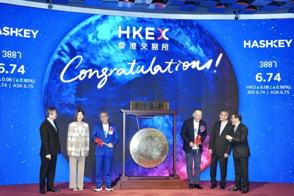 HashKey executives and other exchange and government officials at the gong-striking ceremony to mark the company’s trading debut on the Hong Kong stock exchange on Wednesday. Photo: Karma Lo HashKey executives and other exchange and government officials at the gong-striking ceremony to mark the company’s trading debut on the Hong Kong stock exchange on Wednesday. Photo: Karma Lo