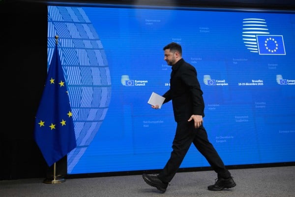 Ukraine’s President Volodymyr Zelensky after a press conference in Brussels on Thursday. Photo: AFP Ukraine’s President Volodymyr Zelensky after a press conference in Brussels on Thursday. Photo: AFP