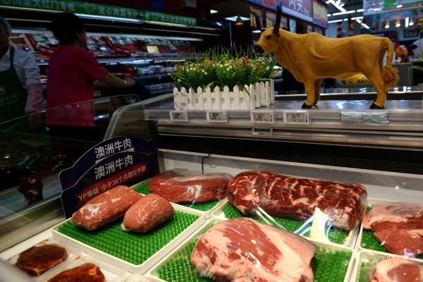 Beef on display at a Beijing market in 2019. Photo: Reuters