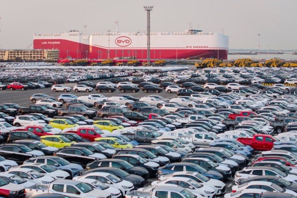 BYD electric cars await shipment to Brazil at Taicang Port in Suzhou in China’s eastern Jiangsu province. Photo: AFP BYD electric cars await shipment to Brazil at Taicang Port in Suzhou in China’s eastern Jiangsu province. Photo: AFP