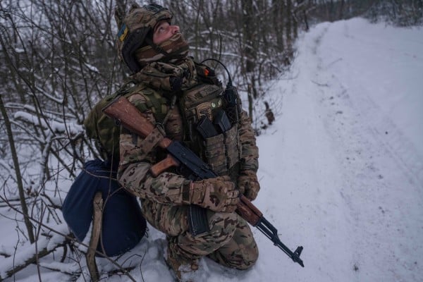 A soldier looks for FPV drones on the frontline near Kostyantynivka, in the Donetsk region, Ukraine, on Tuesday. Photo: Ukraine’s 93rd Mechanized Brigade via AP