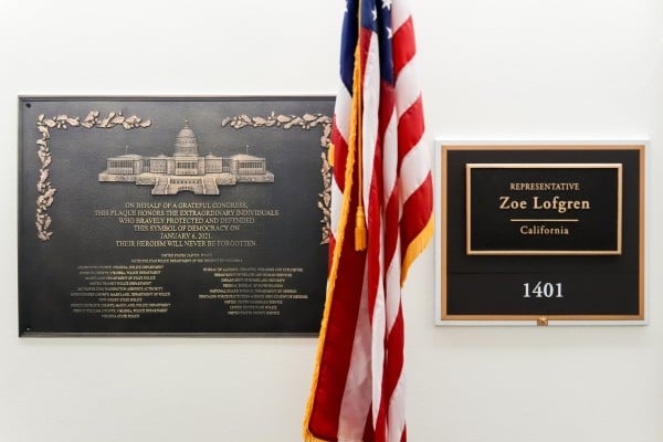 A replica plaque marking the January 6 Capitol riot hangs outside Representative Zoe Lofgren’s office on Capitol Hill. Photo: AP A replica plaque marking the January 6 Capitol riot hangs outside Representative Zoe Lofgren’s office on Capitol Hill. Photo: AP