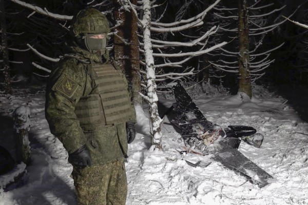 Wreckage of a drone that was shot down allegedly during an attempted strike on Russian President Vladimir Putin’s official residence in the northwestern Novgorod region. Russian Defence Ministry via EPA
