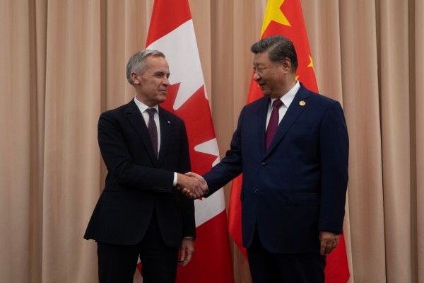 Canadian Prime Minister Mark Carney shakes hands with Chinese President Xi Jinping at the start of a meeting in Gyeongju, South Korea, in October. Photo: The Canadian Press via AP