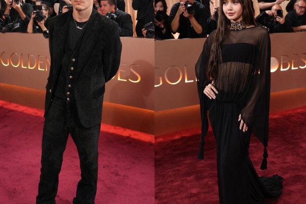 Timothée Chalamet and Lisa from Blackpink at the 2026 Golden Globes. Photos: Invision/AP, AFP
