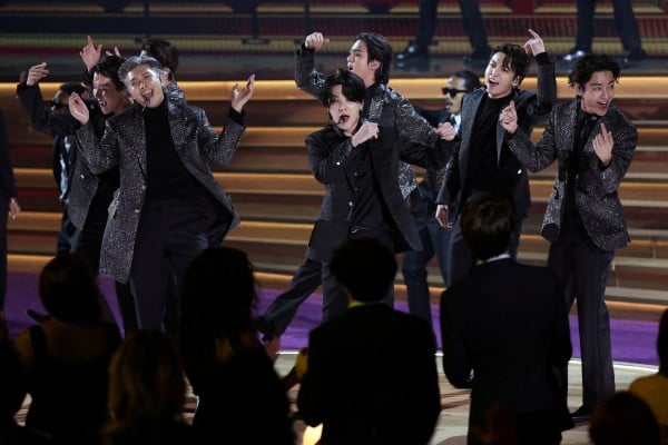 Members of BTS perform during the 2022 Grammy Awards show in Las Vegas, US. Photo: Reuters Members of BTS perform during the 2022 Grammy Awards show in Las Vegas, US. Photo: Reuters